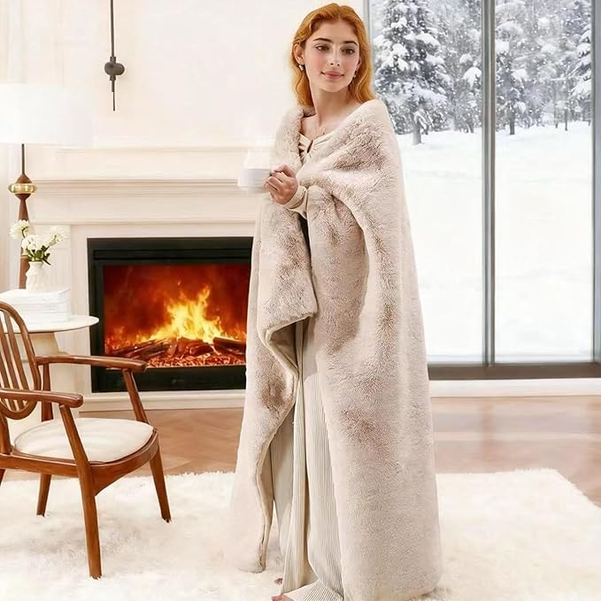 Faux Rabbit Fur Throw Blanket 880 GSM, Ultra Soft Thick Warm Bubble Plush, Reversible Throw for Couch Sofa Bed, Cozy Shaggy Blanket for Bedroom & Living Room(50''*60'',Camel)