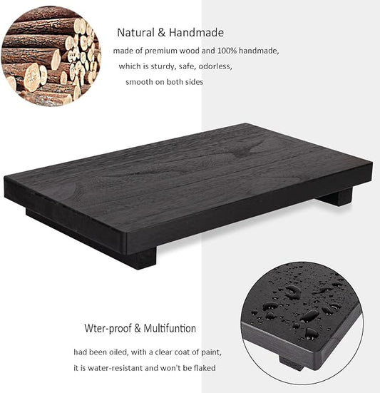 Small Wood Tray Pedestal Stand Farmhouse Bathroom Decor Decorative Wooden Riser Kitchen Soap Dish Holder for Vanity, Counter, Sink, Large 11.8" x 7" - Black