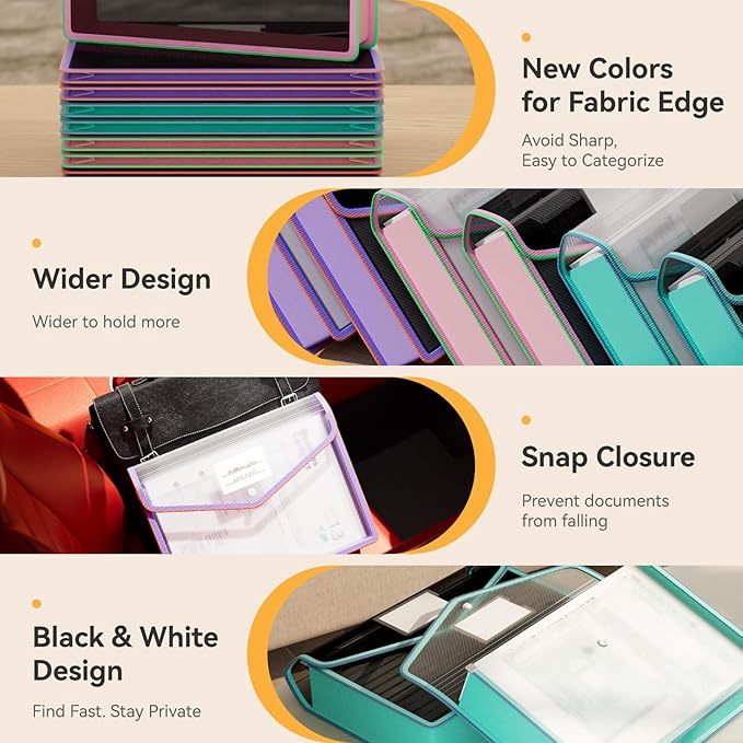 ABC life 8 Pack File Folder, Large Capacity Folders for Documents, Document Folder with Snap Closure, Color-Bordered Expanding File Folders, Folder Organizer Fit Letter/A4 Size - Clear Black