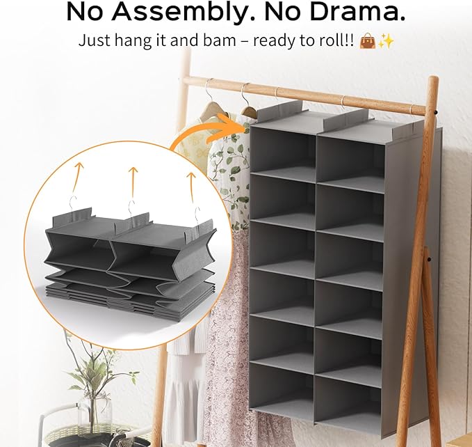 ALLTIDYUP Space-Saving Hanging Closet Storage Organizer – Dual-Row Foldable Shelves with 3 Hooks, 6-Tier Wardrobe Organizer for Dorm, Bedroom, Closet (Grey) | Storage, 12 Pockets, 3 Sturdy Hooks, Dorm Room Essentials