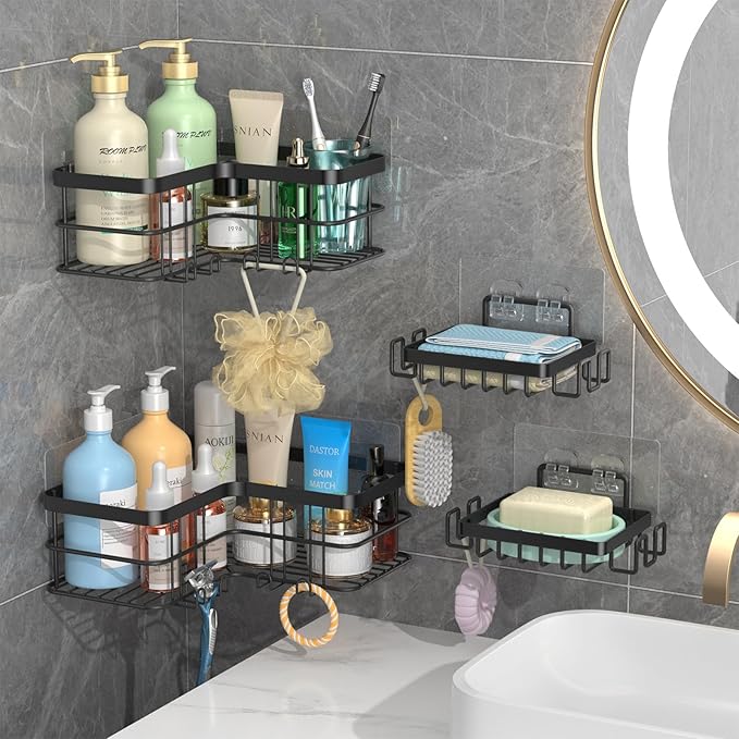 Yazoni Corner Shower Caddy, 4-Pack Adhesive Shower Shelves with Soap Holder No Drilling, Rustproof Bathroom Shower Organizer Storage, Black