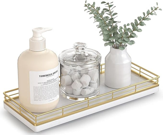 Bathroom Tray for Counter Top Organizer – Oak Wood Vanity Tray with Metal Frame for Dresser, Kitchen, Nightstand – Gold & White Decorative Storage