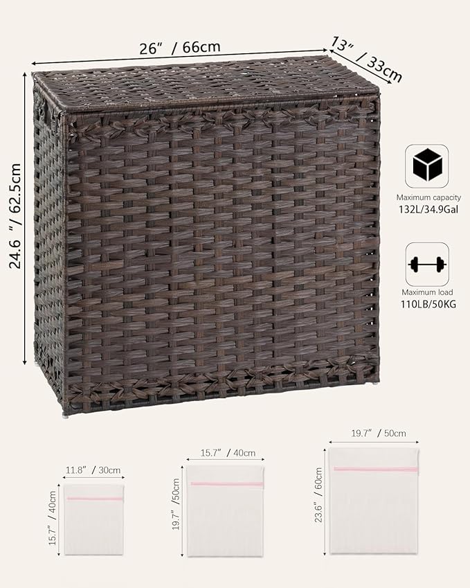 SETVSON Laundry Hamper with Lid Laundry Basket 132 L (35 Gal) Wicker Clothes Hamper, Handwoven Rattan Hamper with Handles and 4 Removable Liner Bags, 6 Mesh Bags for Laundry Bedroom Brown