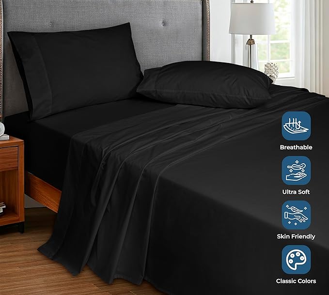 Royale Linens 100% Organic Cotton Full Flat Sheet Only - Super Soft - Percale Top Sheets - Full Flat Sheet Sold Separately - Breathable, Cool & Crisp Black Sheets Only (81" x 96", Black)