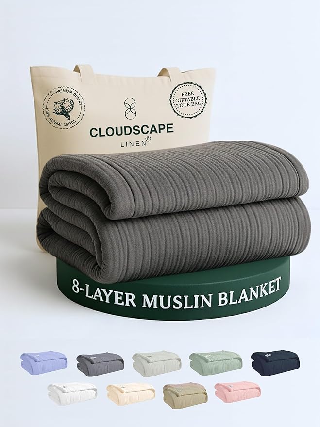 Cloud Scape Linen 8-Layer Muslin Blanket Queen Size - 100% Cotton, Soft and Breathable, Oversized Winter Blanket, Fits up to Full Size Bed, 92x92, Dark Grey