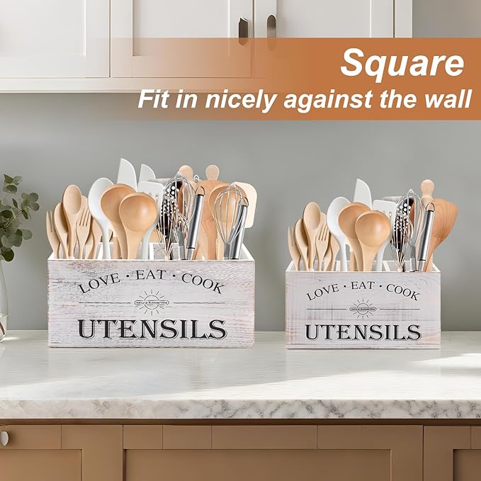 2 Pack Utensil Holder, 6.7"+6.18" Wooden Utensil Holder for Kitchen Countertop, Large Wood Utensil Organizer with Partition for Silverware and Cooking Storage, Farmhouse Kitchen Decor