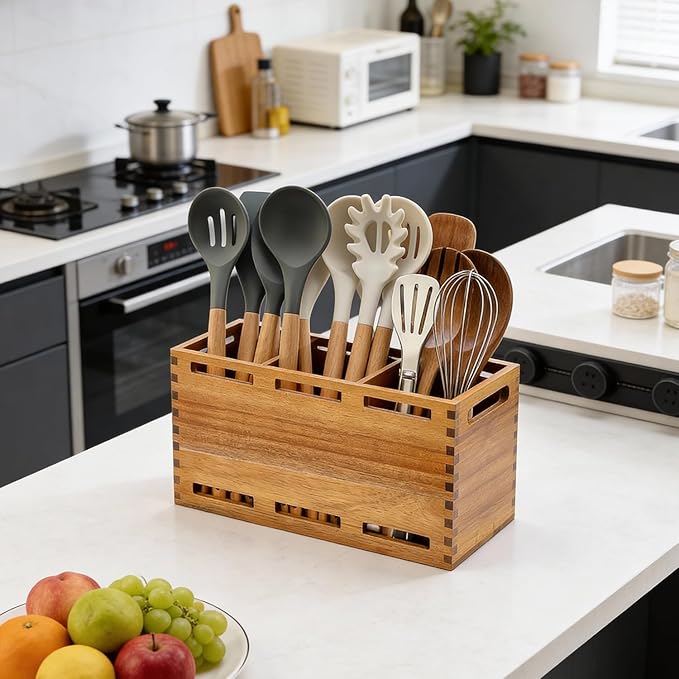 Large Acacia Wood Utensil Holder Rustic Kitchen Utensil Organizer for Countertop 3 Sections Kitchen Utensil Crock Cooking Tools Holder Utensils Caddy Counter Wooden Cooking Utensil Storage Holder