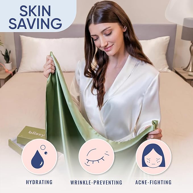 Blissy Silk Pillowcase - 100% Pure Mulberry Silk - 22 Momme 6A High-Grade Fibers - Silk Pillow Cover for Hair & Skin - Regular, Queen & King (Olive, King)