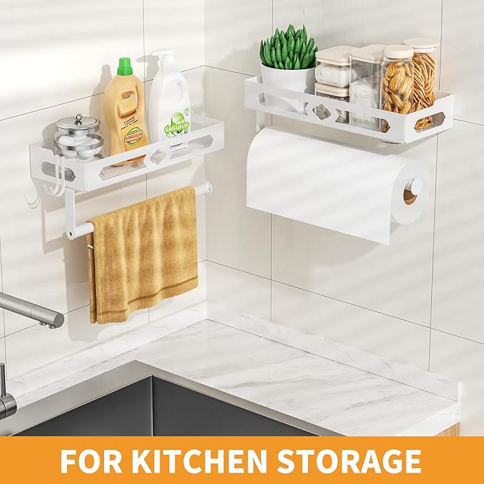 White Paper Towel Holder Wall Mount with Shelf - Adhesive Hand Towel Rack, Space-Saving for Bathroom, Kitchen, RV Camper