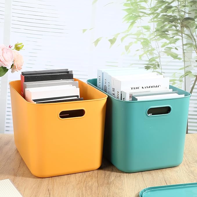 Hoolerry 8 Pieces Colorful Storage Bins with Lid, Plastic Storage Basket Organizing Container Stackable Box with Handle for Shelves Desktop Playroom Office(14.2 x 10.2 x 9.5 Inch,Green and Yellow)