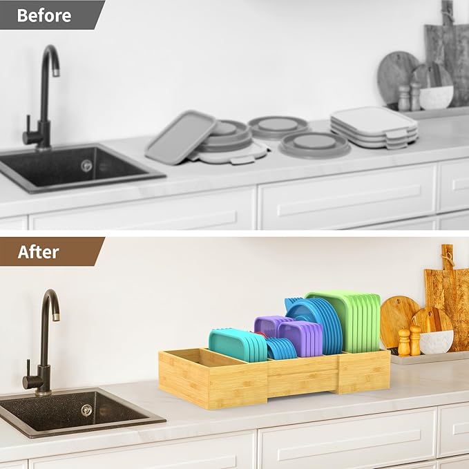 Retro Shaw Large Expandable Kitchen Lids Organizer for Cabinet, Covers, Pantry, Drawer & Countertop Storage, with 3 Adjustable Dividers, Hand-made Bamboo Food Container