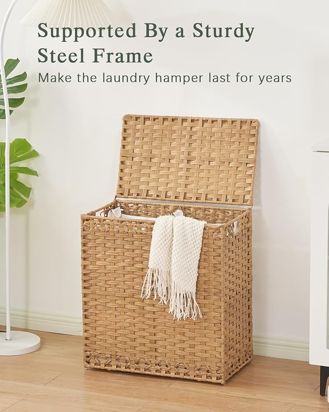 SETVSON Laundry Hamper with Lid Wicker Laundry Basket 112 L (29.6 Gal) Laundry Hampers Handwoven Rattan Clothes Hamper with Handles 3 Removable Liner Bag, 6 Mesh Bags for Bathroom Bedroom Natural