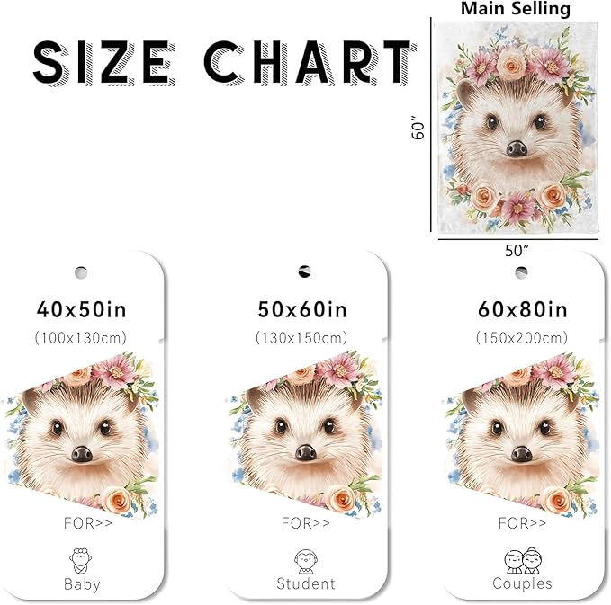wyxdwh Cute Hedgehog Blanket, Cozy Flannel Pastel Flower Crown Throw Blanket for Couch Outdoor, Plush Soft Lightweight Travel Blankets for Bed Decor and Gifts, for Women Girls Adults Kids 40"x50"