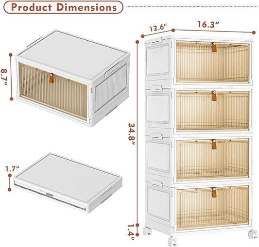 CTSNSLH 4 Tier Plastic Storage Bins and Boxes Organizer - 28Qt Stackable with Lids for Bedroom, Living Room, Office - Foldable Containers, Household Organization