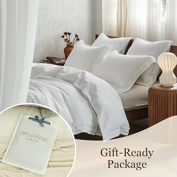 Simple&Opulence 100% French Linen Pillowcase Queen Size Set of 2, Pure Flax Pillow Covers with Embroidered, Solid Color Pillow Cases with Overlap Closure -Soft and Durable (20" X 26", White)