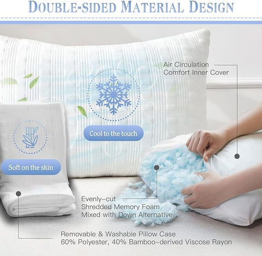 Meoflaw Cooling Pillows for Sleeping Standard Size,Shredded Memory Foam Bed Pillow with Double Sided Material Pillow Case,Adjustable Loft-Slow Rebound Standard Pillow for Side & Back Sleeper