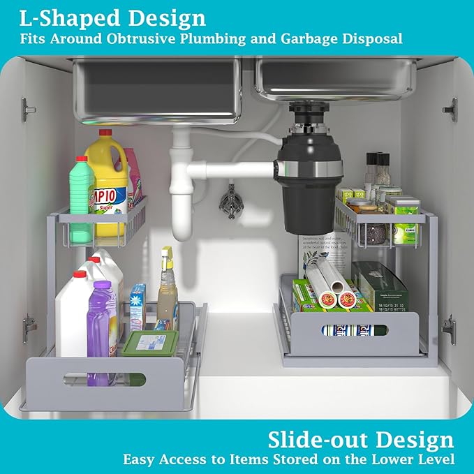 REALINN Under Sink Organizer, Pull Out Cabinet Organizer 2 Tier Slide Out Sink Shelf Cabinet Storage Shelves, Storage for Kitchen Bathroom, Grey, 1 Pack