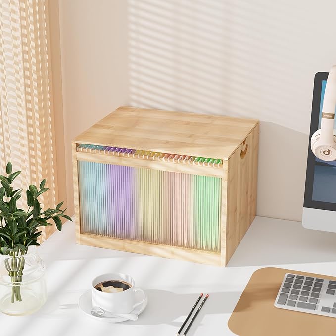 LONTAI Natural Bamboo & Acrylic File Box with Removable Lid, Modern File Organizer Box for Letter/Legal Files, Hanging File Box with Easy Assembly & Dustproof Storage for Home Office