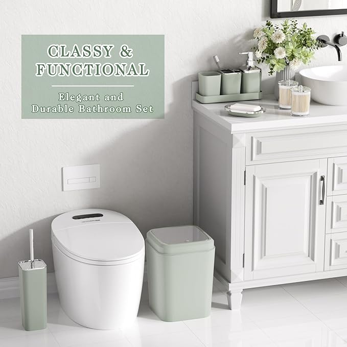 XLHOMO Sage Green Bathroom Set - 24PC Bathroom Sets with Shower Curtain and Rugs, Sage Green Bathroom Accessories Set with Press-on Lid Bathroom Trash Can, Soap Dispenser