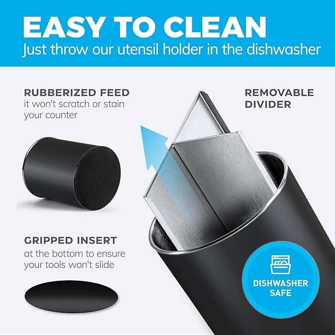 Cooler Kitchen Black Rotating Extra Large Stainless Steel Utensil Holder Caddy with Sturdy No-Tip Weighted Base, Removable Divider, and Gripped Insert - Dishwasher Safe Metal Cooking Utensil Holder