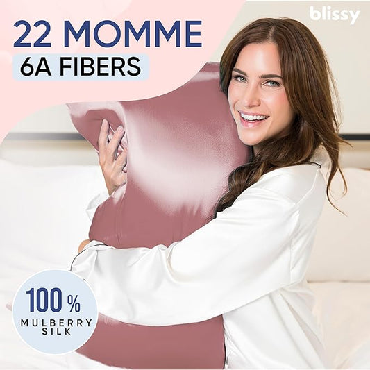 Blissy Silk Pillowcase - 100% Pure Mulberry Silk - 22 Momme 6A High-Grade Fibers - Silk Pillow Cover for Hair & Skin - Regular, Queen & King (Plum, Queen)