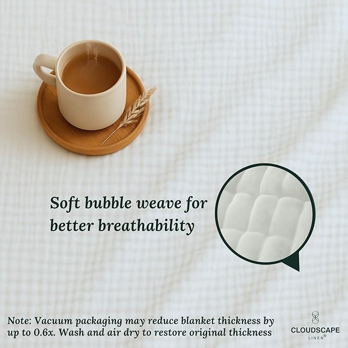 Cloud Scape Linen 8-Layer Muslin Blanket King Size for Adult - 100% Cotton, Heavy Weighted and Soft, All Season, Winter Cozy Blanket, Fits up to California King Bed, 92x108, White