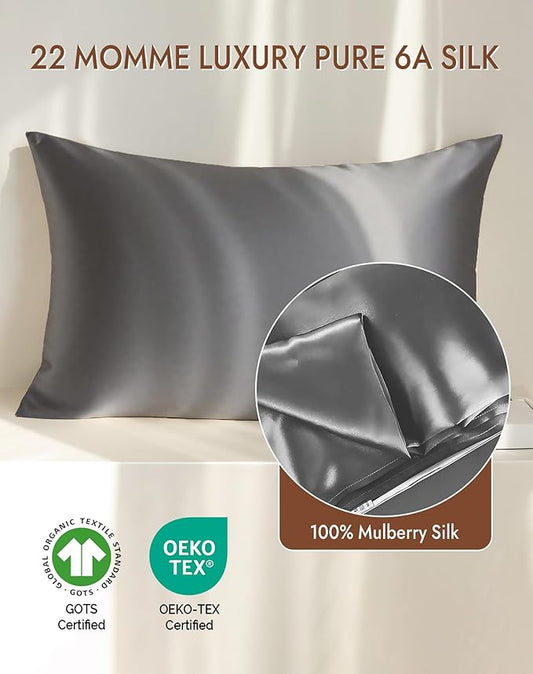SilkSilky 100% Mulberry Silk Pillowcase - Pure 22 Momme High-Grade 6A Fibers for Hair & Skin, Envelope Closure, Natural, Organic, Breathable & Cooling Pillow Case (Queen, Dark Gray)