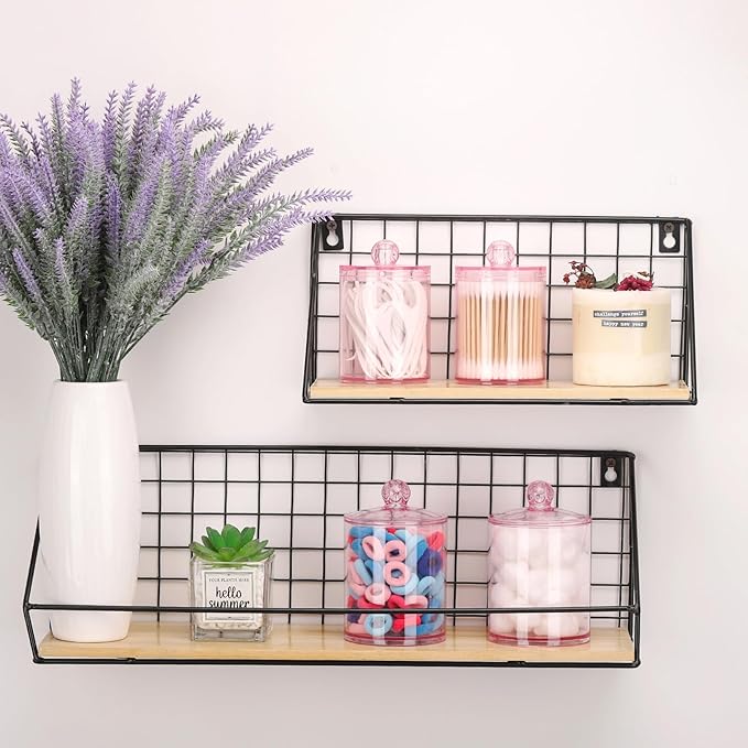 Tbestmax 12 oz & 10 oz Qtip Holder - 4 Pack Restroom Bathroom Organizers and Storage Containers, Pink Plastic Apothecary Jars with Lids for Cotton Swab, Cotton Round Pads, Floss