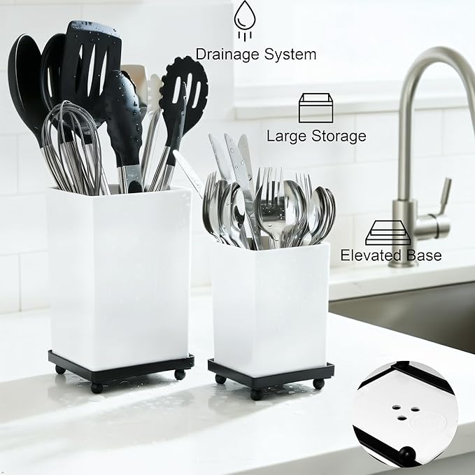 ECOIOU Tiered Counter Utensil Holder Set with 6.5" & 4.7" Removable Drainage Bins, Dual Kitchen Utensil Crock for Cooking Dining Utensils & Spatulas, White