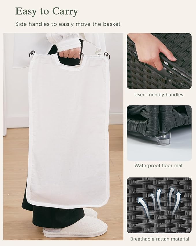 SETVSON Laundry Hamper with Lid Laundry Basket 132 L (35 Gal) Wicker Clothes Hamper, Handwoven Rattan Hamper with Handles and 4 Removable Liner Bags, 6 Mesh Bags for Laundry Bedroom Black