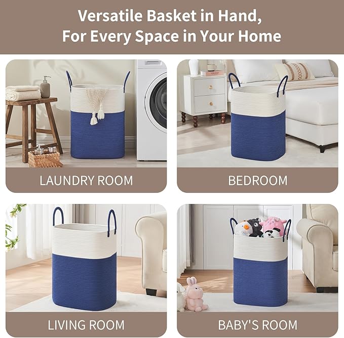 Laundry Basket with Handles - Blanket Basket & Hampers for Bedroom Aesthetic, Laundry Hamper & Blanket Storage for Living Room, Clothes Hamper, Tall, Large 17" x 14" x 23”, White & Dark Blue
