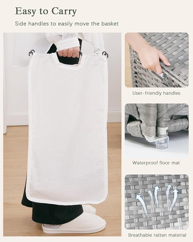 SETVSON Laundry Hamper with Lid Wicker Laundry Basket 112 L (29.6 Gal) Laundry Hampers Handwoven Rattan Clothes Hamper with Handles 3 Removable Liner Bag, 6 Mesh Bags for Bathroom Bedroom Gray