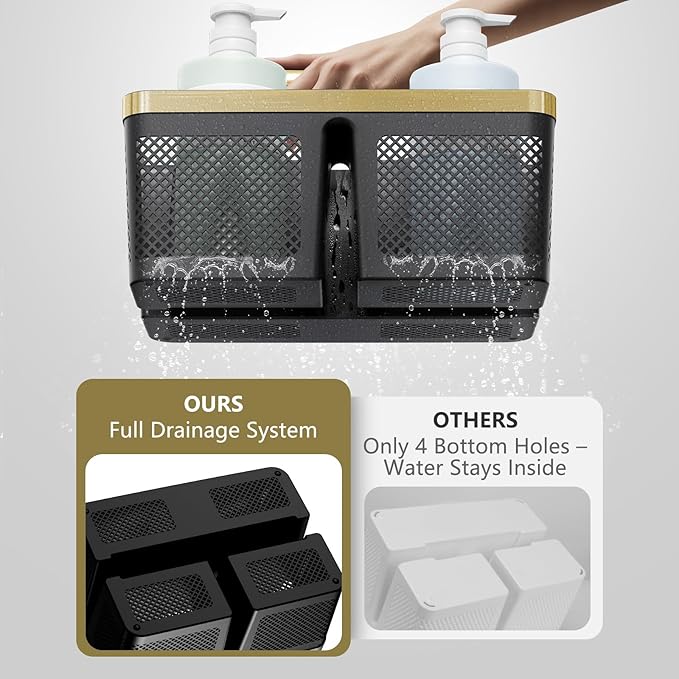 BYUNER Shower Caddy Dorm Men: Plastic Bathroom Caddy Organizer with Handle and Holes, Bath Caddy for College Dorm, Portable Shower Basket Tote for Toiletry, Travel, GYM, Camp Essentials Black/Gold