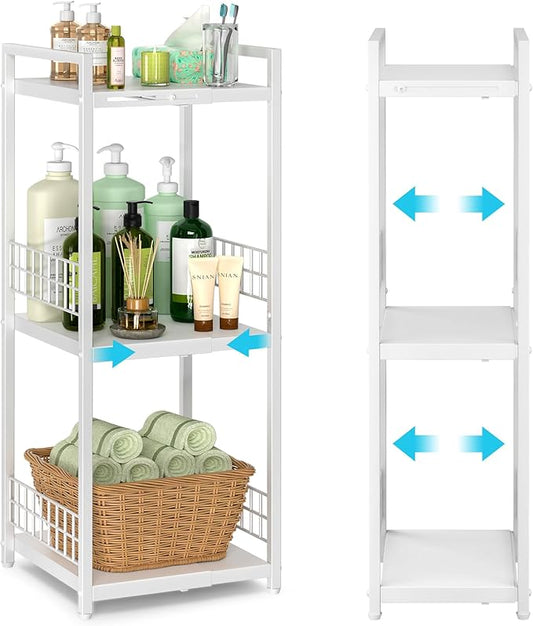 DAOUTIME Expandable Slim Storage Shelf, 3 Tier Metal Shelving Unit for Bathroom Storage Organizer, Free-Standing Narrow Shelf, Open Floor Shelves for Small Spaces,Laundry,Bathroom,Kitchen, White