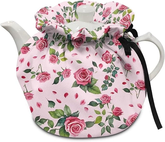 Tea Pot Cozies Sweet Rose Print Double-Sided Drawstring Teapot Dust Cover Valentine Insulation Warmth Breakfast Pot Holder Washable Reusable Table Decoration