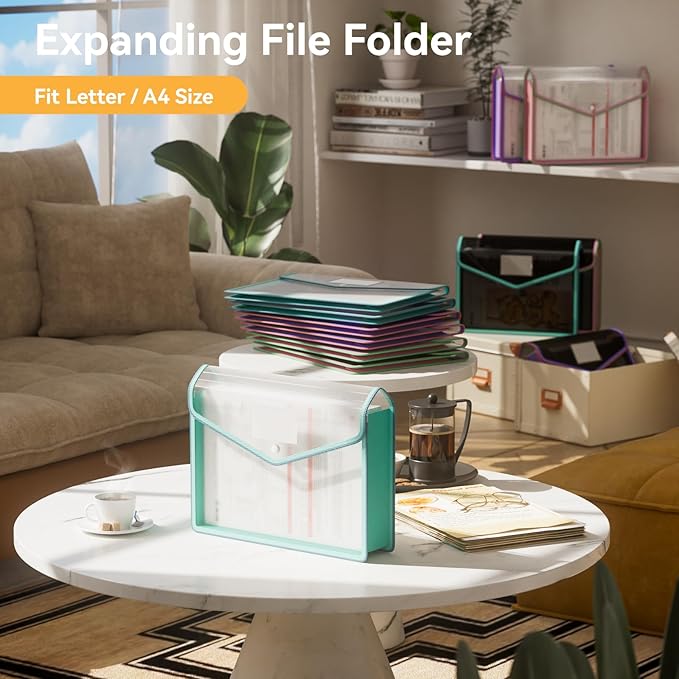 ABC life 6 Pack File Folder, Large Capacity Folders for Documents, Document Folder with Snap Closure, Color-Bordered Expanding File Folders, Folder Organizer Fit Letter/A4 Size - Clear Black