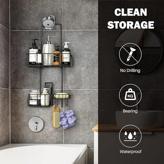 Epicano Shower Caddy Hanging, Anti-Swing Over Head Shower Caddy Rustproof with Hooks for Towels, Sponge and More, Matte Black