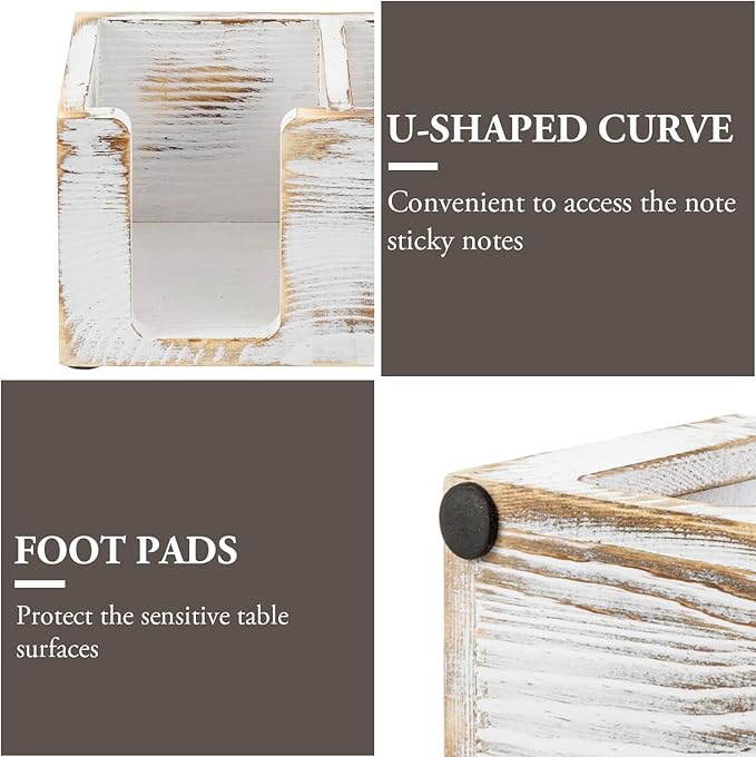 MyGift Shabby White Washed Solid Wood Sticky Note and Stationery Holder Stand, Office Desktop Storage Caddy for Self Adhesive Memo Pads Pen Pencil Marker