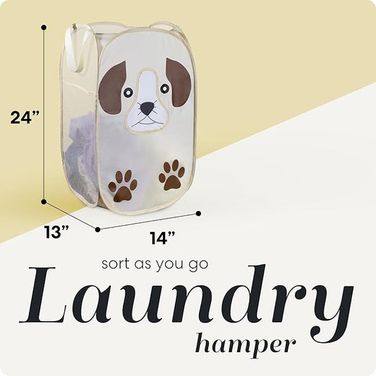 Handy Laundry Collapsible Mesh Pop-Up Hamper with Wide Opening and Side Pocket - Breathable, Sturdy, Foldable, Space-Saving Design (Puppy)