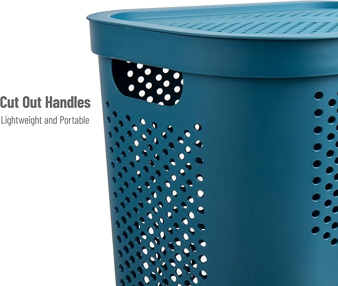 Mind Reader 60L Slim Laundry Hamper, Clothes Basket, Lid, Ventilated, Plastic, Set of 2, Blue