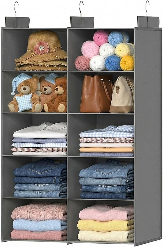 ALLTIDYUP Grey 5-Tier Hanging Closet Storage Organizer - Space-Saving Dual-Row Foldable Shelves with 3 Hooks, Wardrobe Organizer for Dorm, Bedroom, Clothes and Accessories