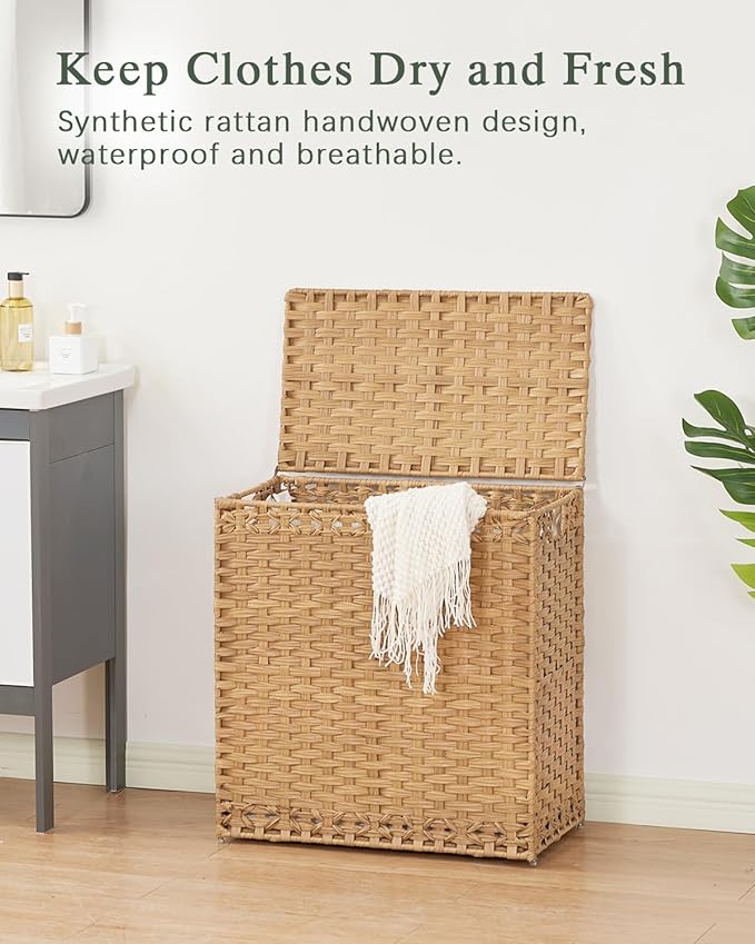SETVSON Laundry Hamper with Lid Wicker Laundry Basket 112 L (29.6 Gal) Laundry Hampers Handwoven Rattan Clothes Hamper with Handles 3 Removable Liner Bag, 6 Mesh Bags for Bathroom Bedroom Natural
