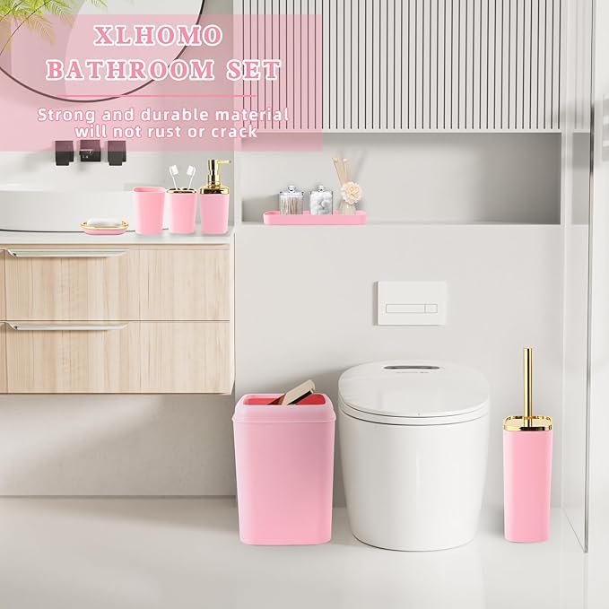 XLHOMO Pink Bathroom Accessories Set, Pink and Gold Bathroom Accessories with Trash Can, Soap Dispenser, Soap Dish, Toothbrush Holder and Q-tip Holders