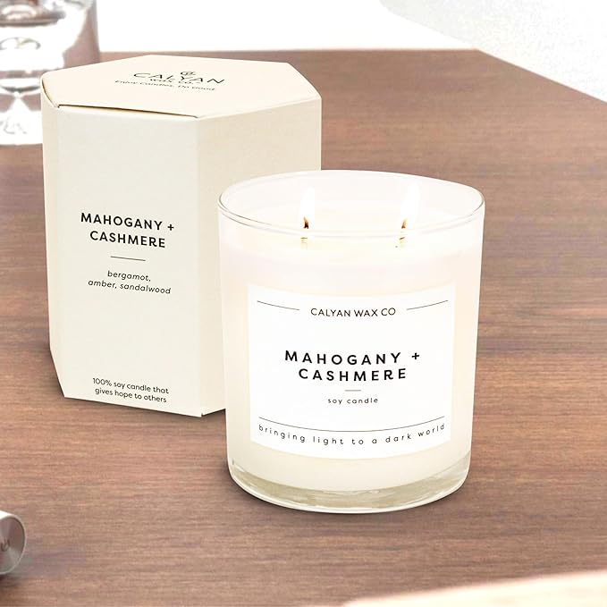 Calyan Wax Co. Mahogany & Cashmere 2 Wick Scented Candle - 37 Hour Burn - Luxury Non Toxic Soy Wax Candles - Long Lasting Large Glass Jar Candle for Home - 8.8oz