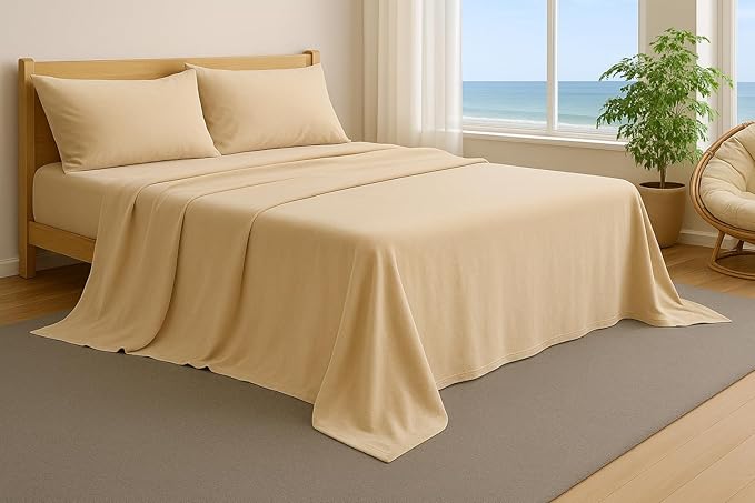 100% Cotton Flat Top Sheet Only - T-Shirt Fabric Jersey Knit - Extra Soft - Wrinkle Free - Machine Washable - Easy Fit - Breathable - Comfy (Beige, Twin)