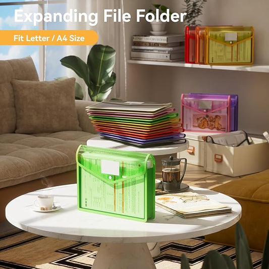 ABC life 8 Pack Plastic Expanding File Folder, Folders for Documents with Snap Closure, Colorful File Folder Organizer Holder, Transparent, Large Capacity, Fit Letter/A4 Size - Rainbow