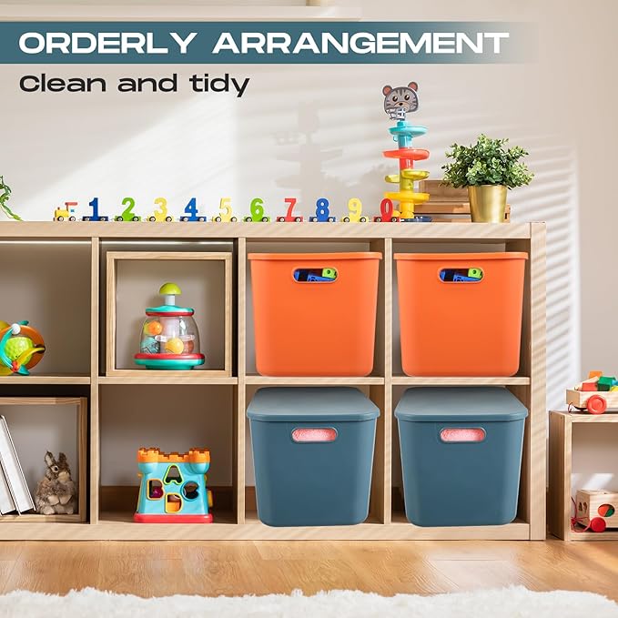 Hoolerry 8 Pieces Colorful Storage Bins with Lid, Plastic Storage Basket Organizing Container Stackable Box with Handle for Shelves Desktop Playroom Office(14.2 x 10.2 x 9.5 Inch,Blue and Orange)