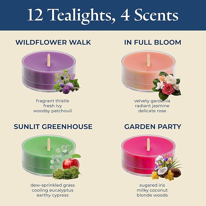 PartyLite Tea Lights Sampler, Wildflower and Grass with Coconut Scented Candles, Gift Set of 12, Aromatherapy with up to 4 to 6 Hours Burn Time, Ideal for Home Decor, Holiday Gifting and Celebration