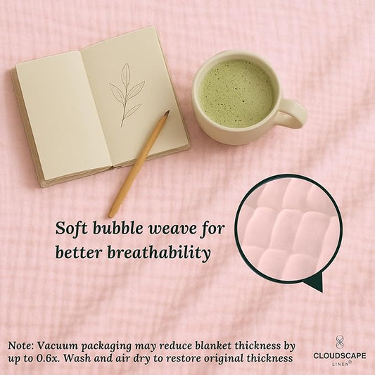 Cloud Scape Linen 8-Layer Muslin Blanket Queen Size - 100% Cotton, Soft and Breathable, Oversized Winter Blanket, Fits up to Full Size Bed, 92x92, Seashell Pink