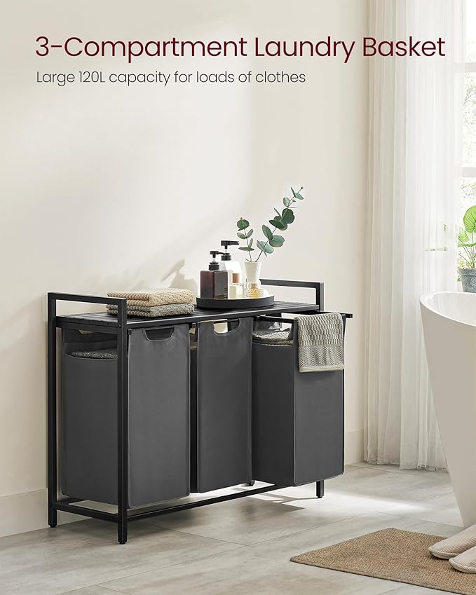 VASAGLE Laundry Hamper, Laundry Basket, Laundry Sorter with 3 Pull-Out and Removable Bags, Shelf, Metal Frame, 3 x 10.6 Gallons (40 L), 36.4 x 13 x 28.4 Inches, Slate Gray and Charcoal Gray UBLH301G01